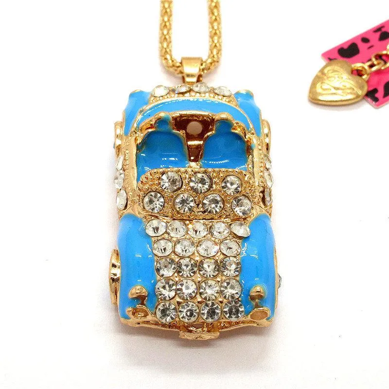 Betsey Johnson Blue Enamel Convertible Car Crystal Pendant Necklace