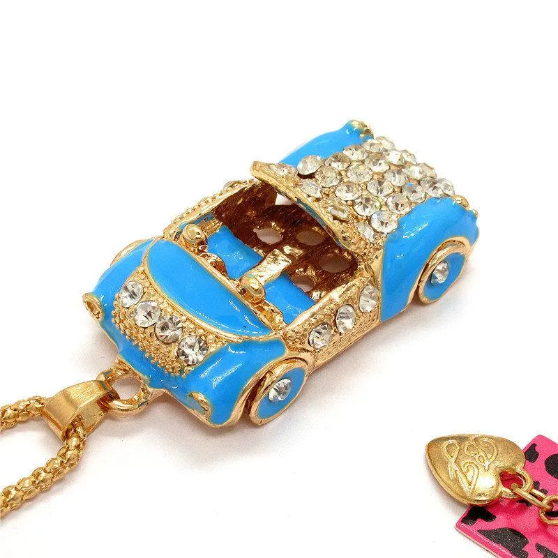 Betsey Johnson Blue Enamel Convertible Car Crystal Pendant Necklace