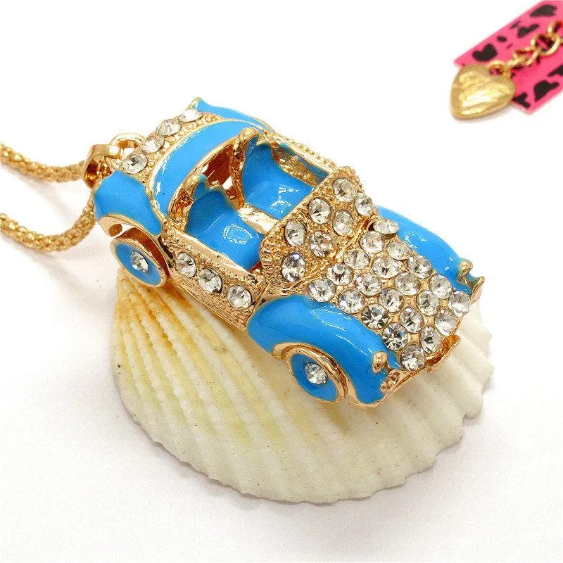 Betsey Johnson Blue Enamel Convertible Car Crystal Pendant Necklace