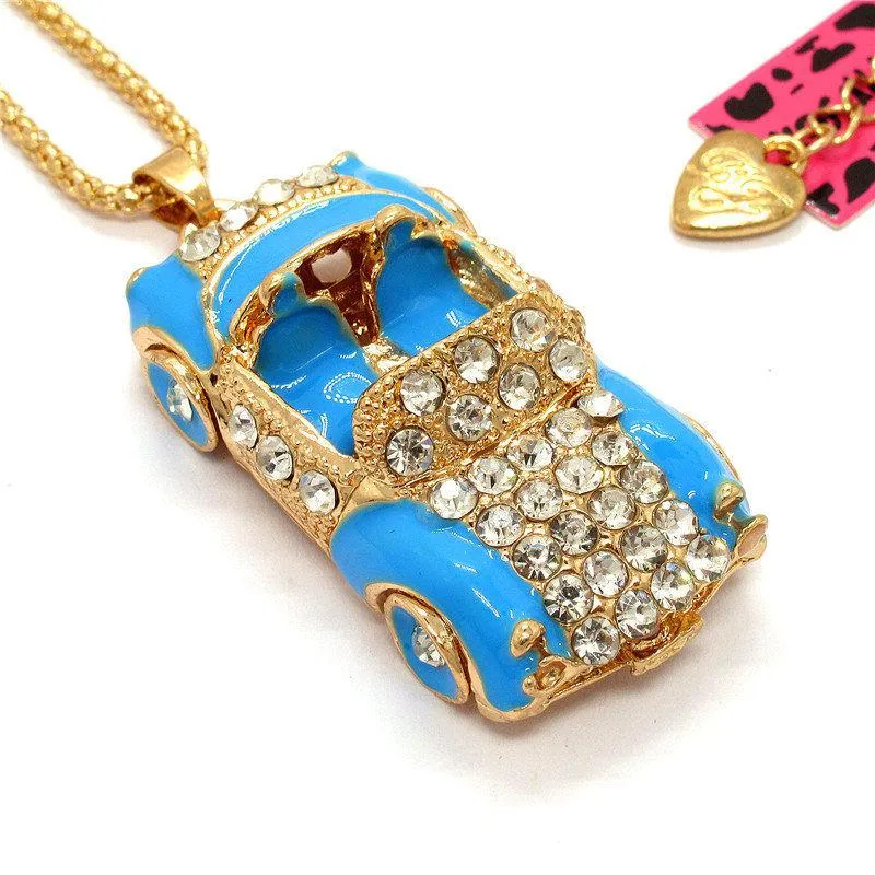 Betsey Johnson Blue Enamel Convertible Car Crystal Pendant Necklace