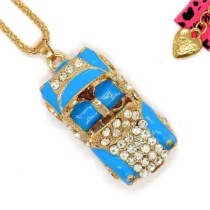 Betsey Johnson Blue Enamel Convertible Car Crystal Pendant Necklace