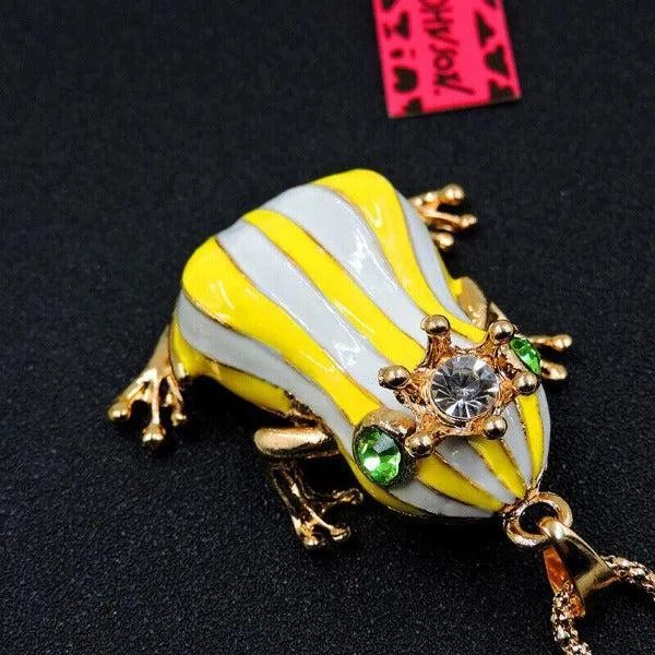 Betsey Johnson Frog Yellow & White Striped Enamel Crown Necklace