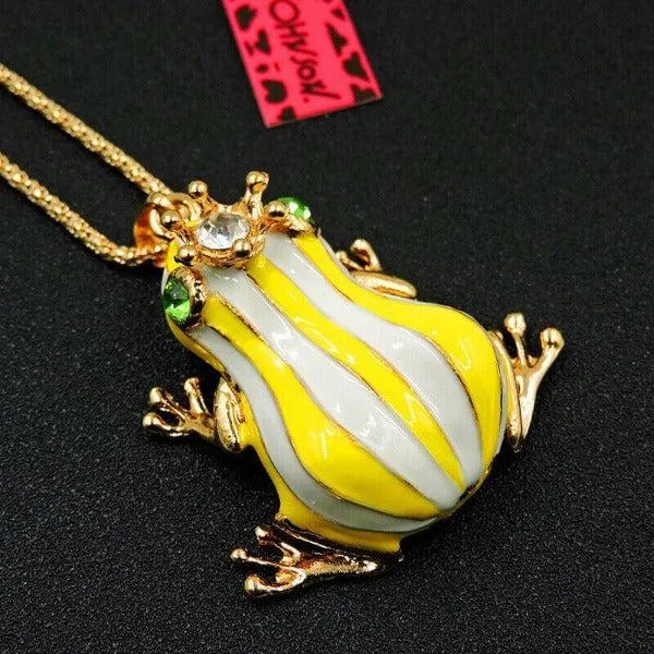 Betsey Johnson Frog Yellow & White Striped Enamel Crown Necklace