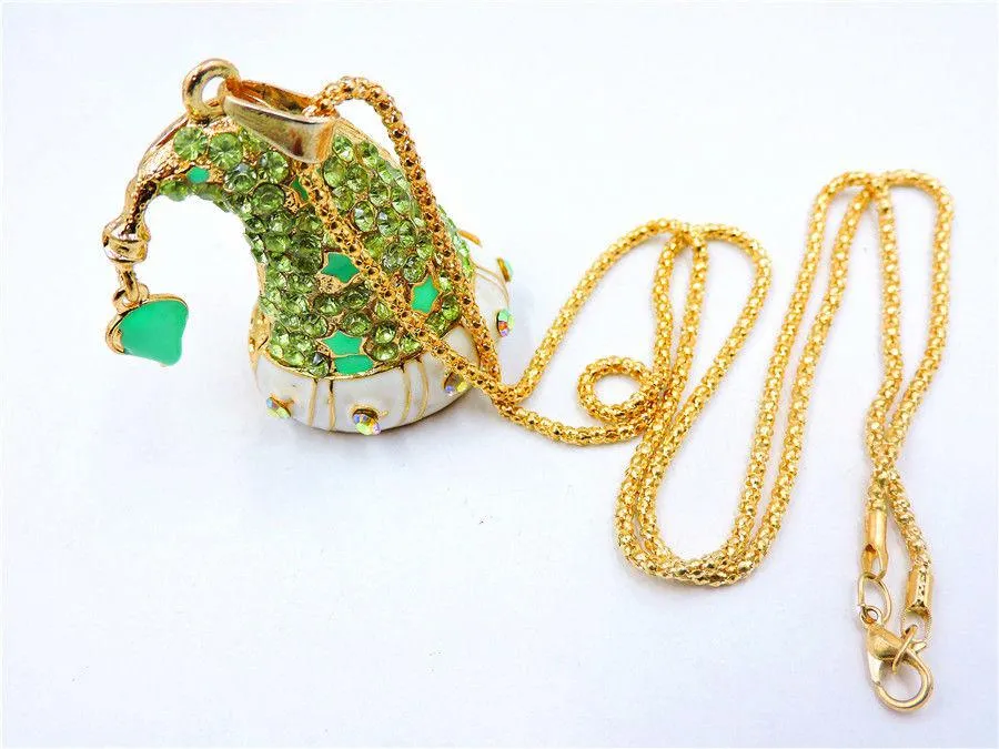 Betsey Johnson Green Crystal Inlay Magic Santa Hat Enamel Gold Necklace