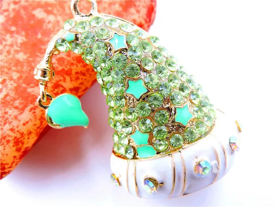 Betsey Johnson Green Crystal Inlay Magic Santa Hat Enamel Gold Necklace