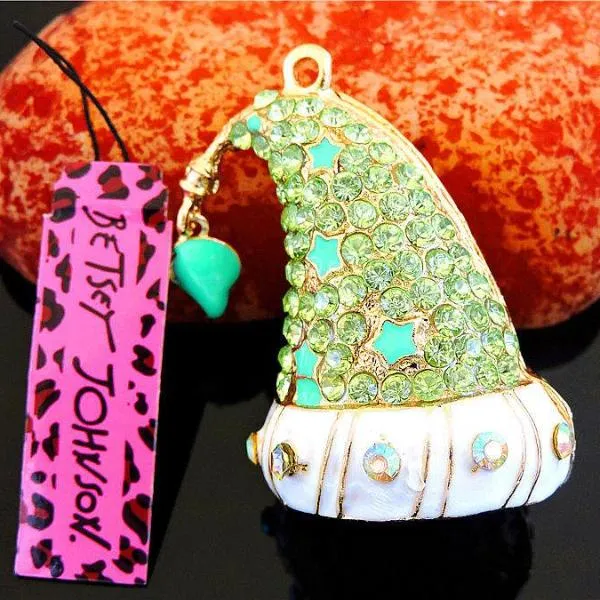 Betsey Johnson Green Crystal Inlay Magic Santa Hat Enamel Gold Necklace