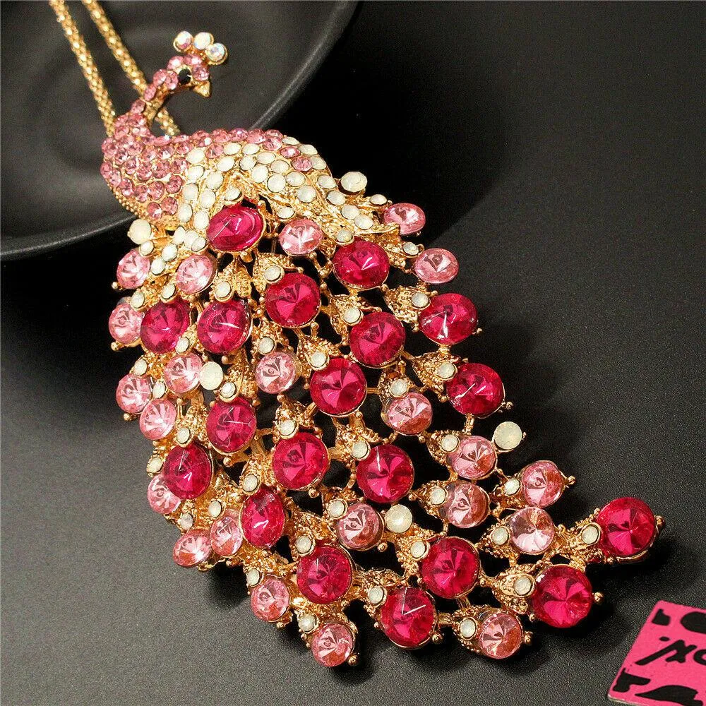 Betsey Johnson Peacock Pink Rhinestone Gold Pendant Necklace
