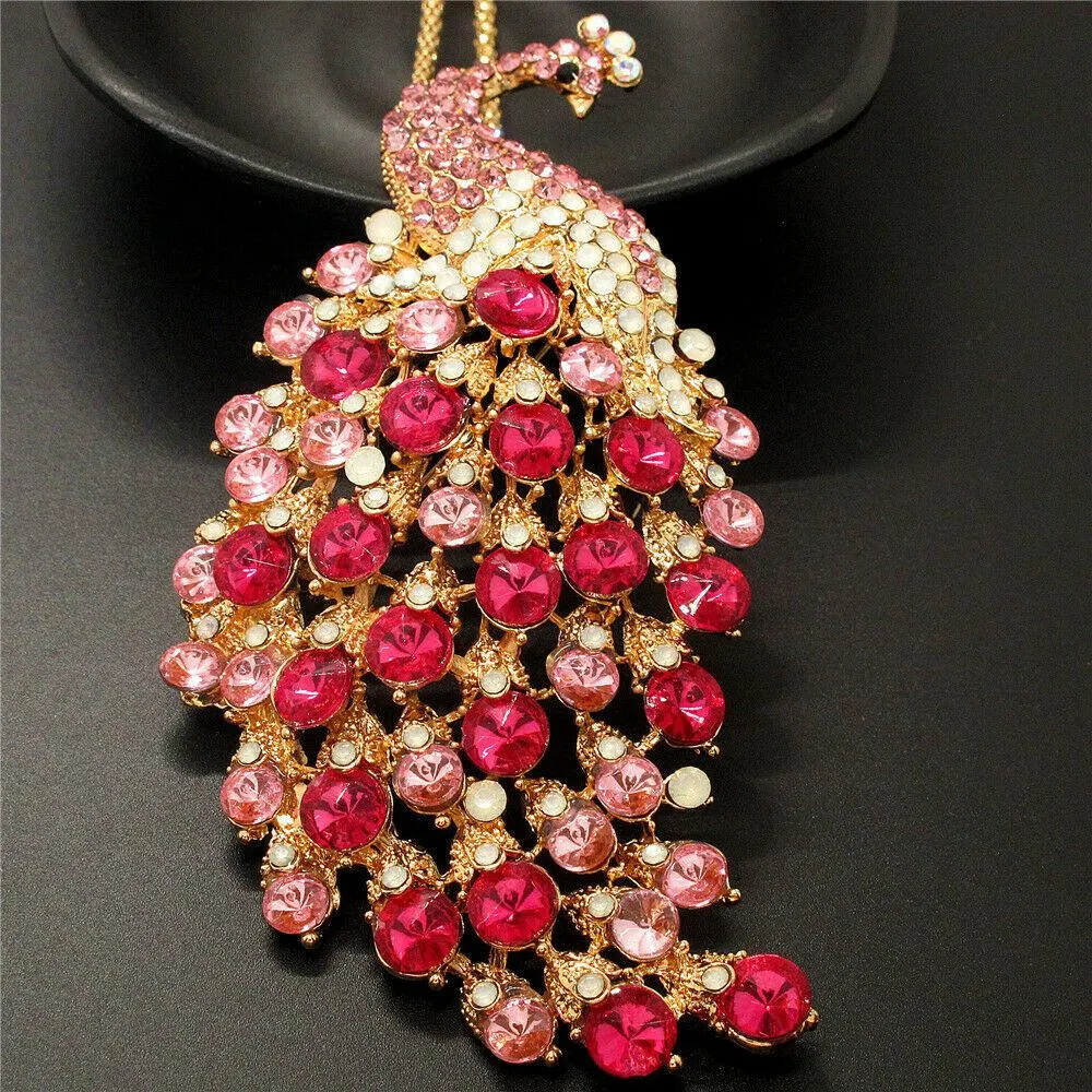 Betsey Johnson Peacock Pink Rhinestone Gold Pendant Necklace