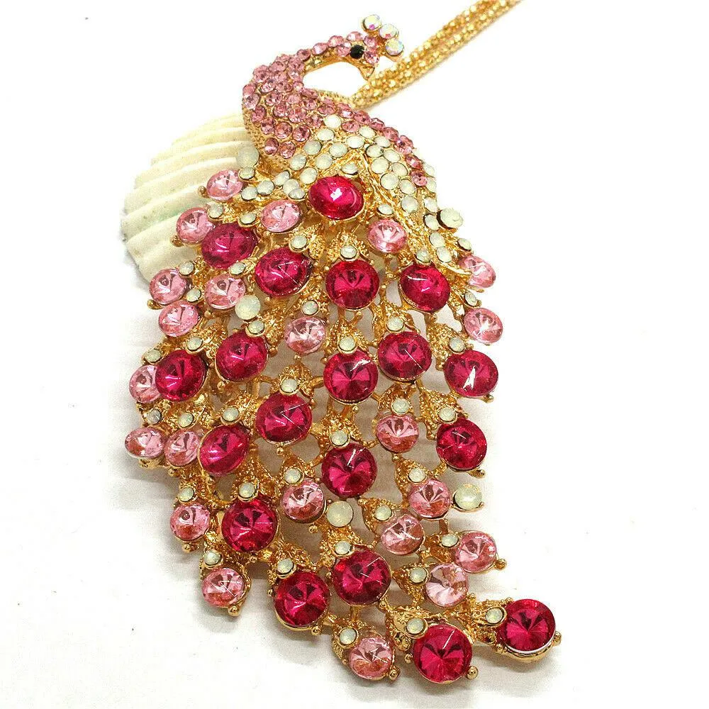 Betsey Johnson Peacock Pink Rhinestone Gold Pendant Necklace