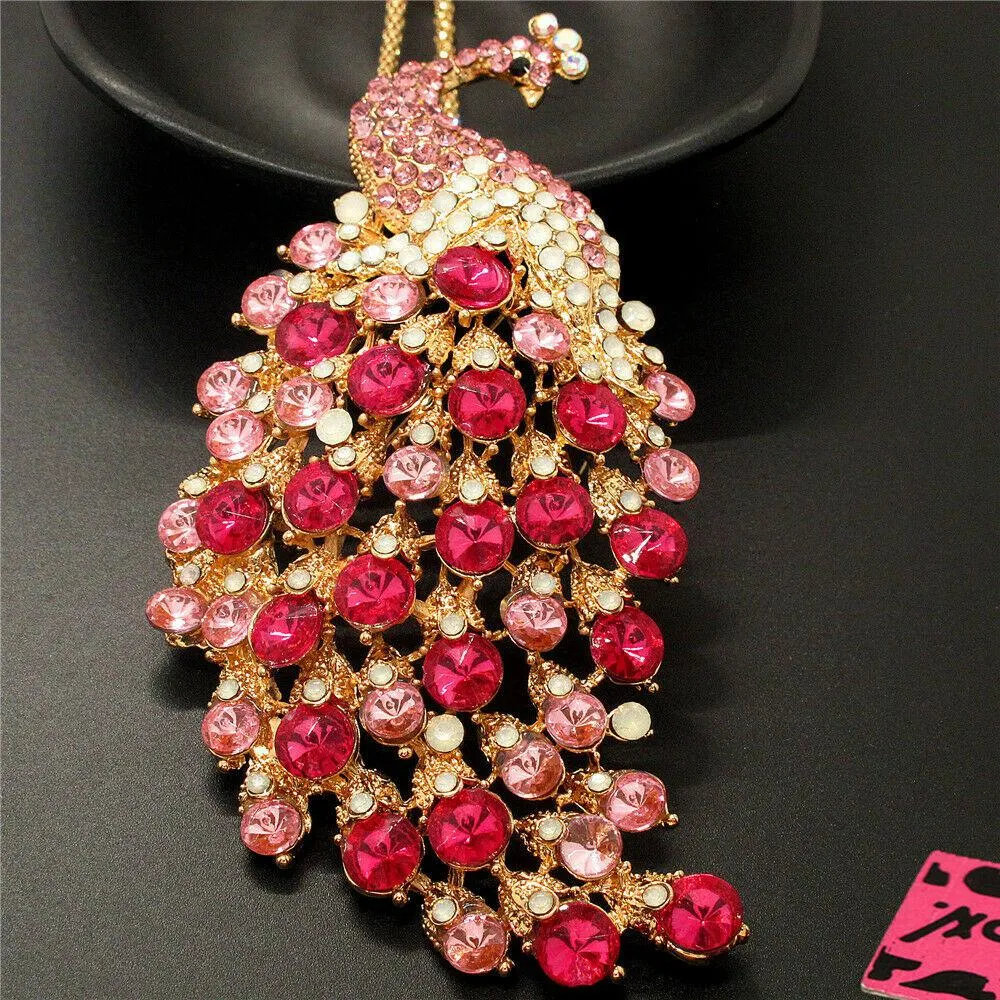 Betsey Johnson Peacock Pink Rhinestone Gold Pendant Necklace