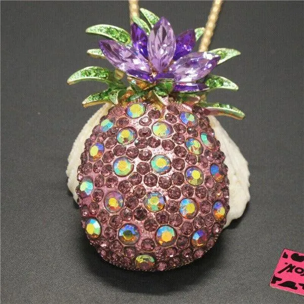 Betsey Johnson Pineapple Purple Crystals Gold Pendant Necklace