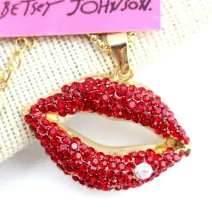 Betsey Johnson Red Rhinestone Lips Gold Necklace