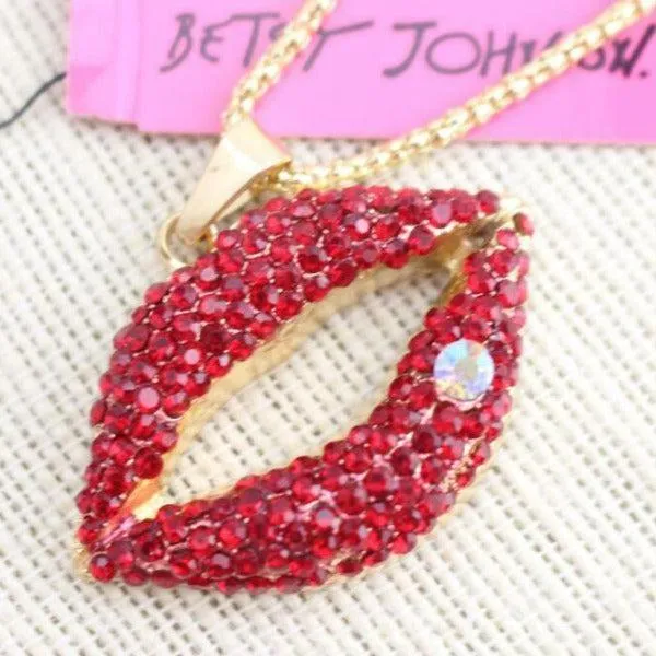 Betsey Johnson Red Rhinestone Lips Gold Necklace
