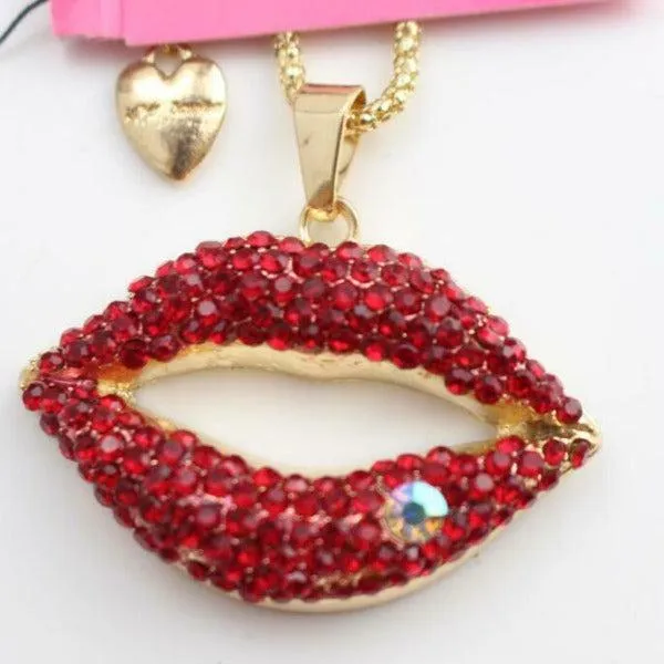 Betsey Johnson Red Rhinestone Lips Gold Necklace