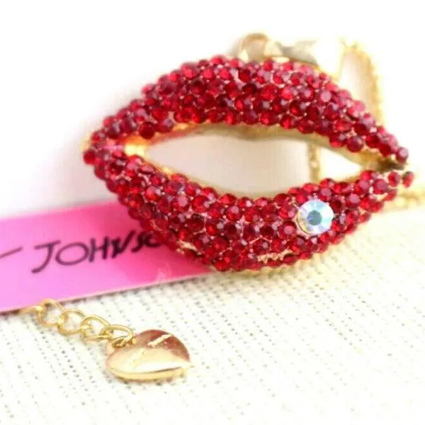 Betsey Johnson Red Rhinestone Lips Gold Necklace