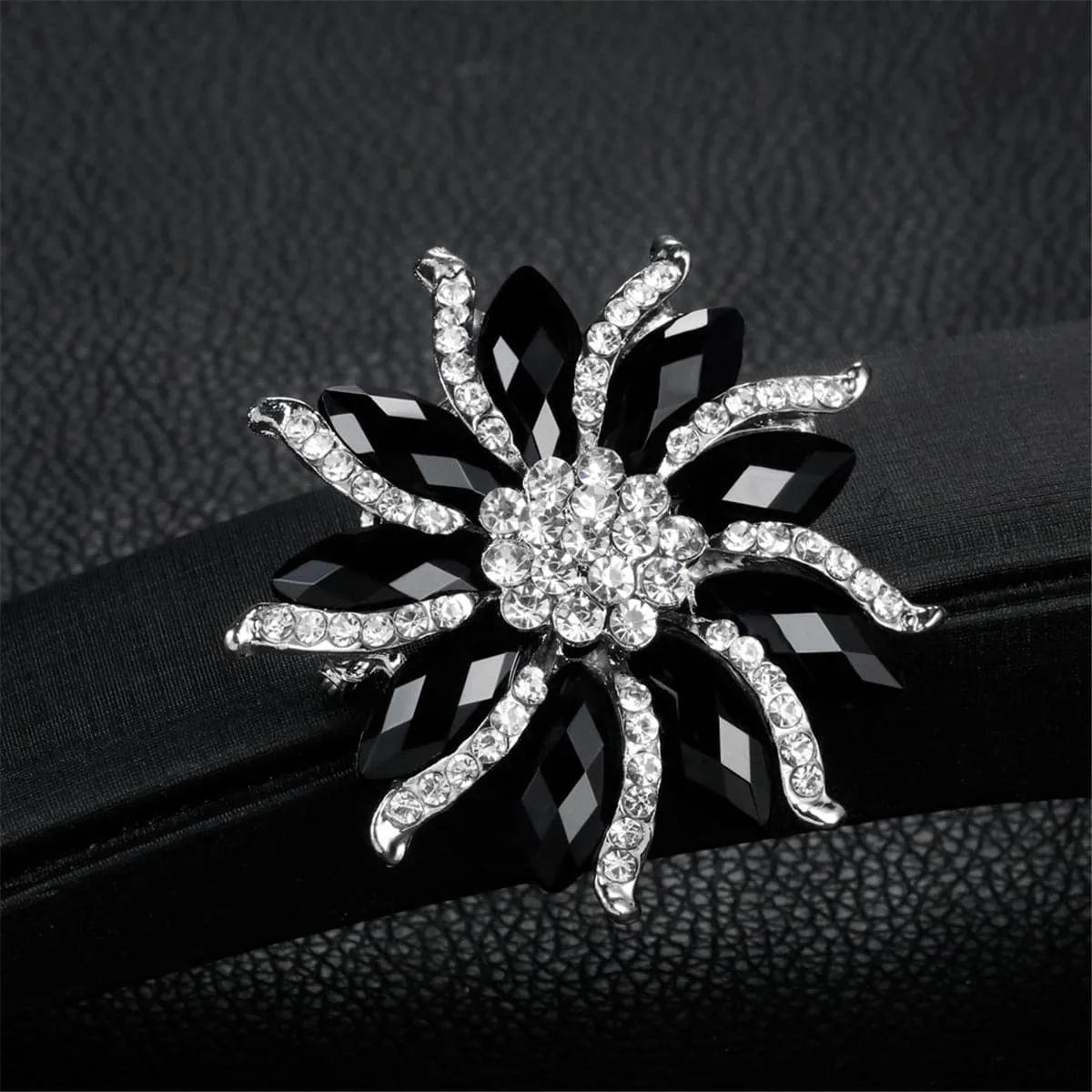 Black & Cubic Zirconia Floral Brooch