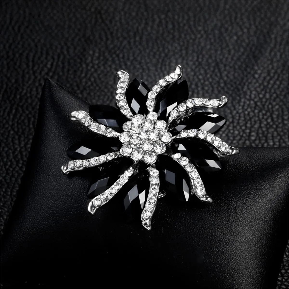 Black & Cubic Zirconia Floral Brooch