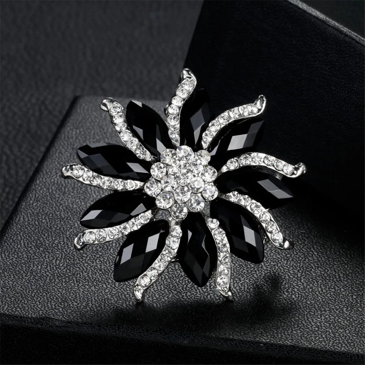 Black & Cubic Zirconia Floral Brooch