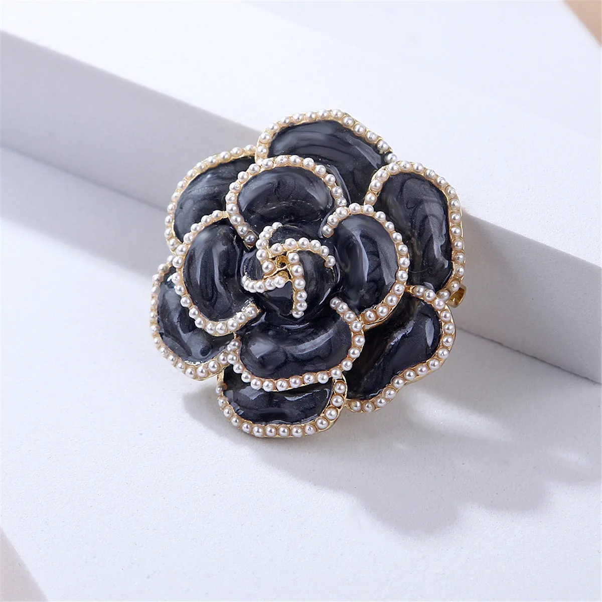Black & Pearl Camellia Brooch