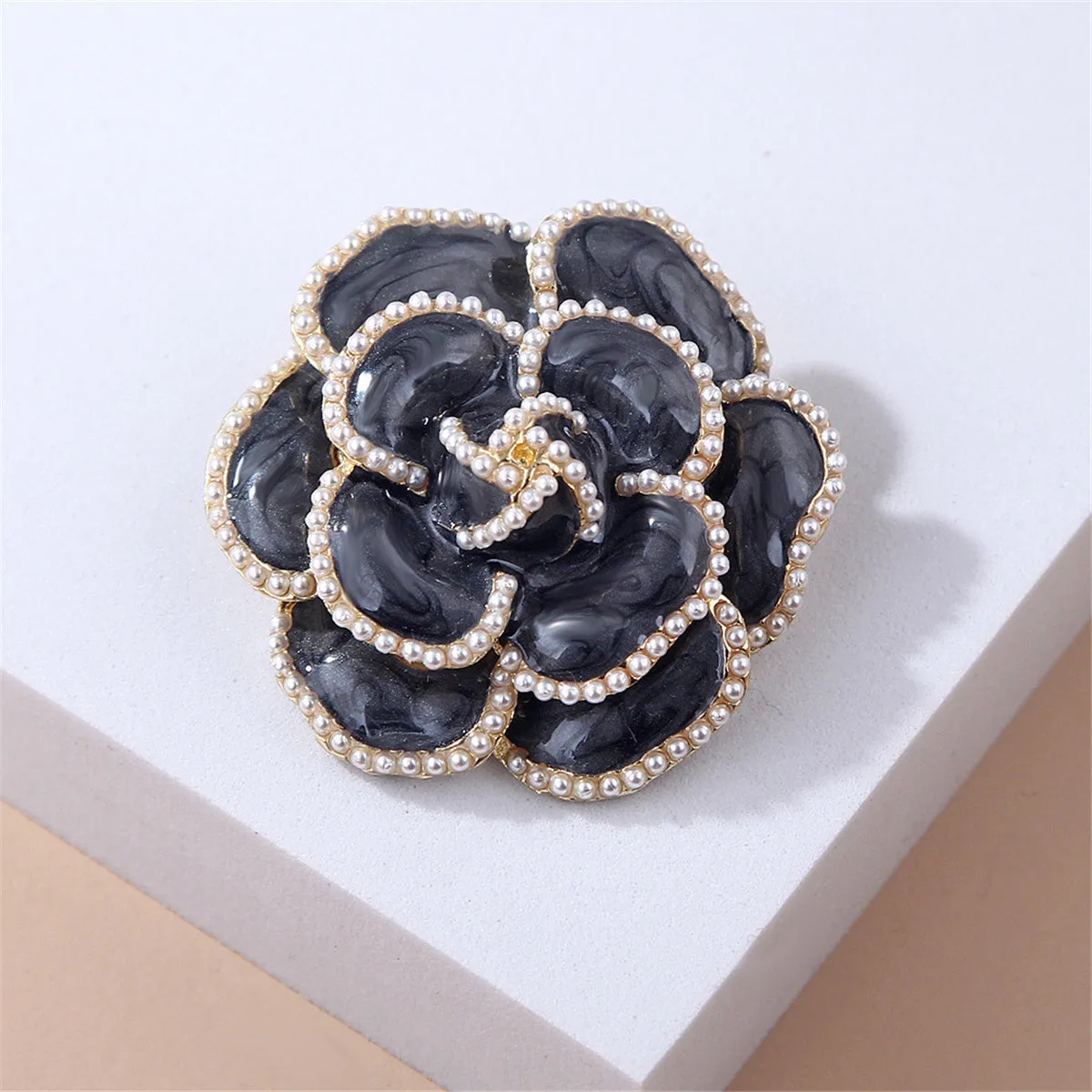 Black & Pearl Camellia Brooch