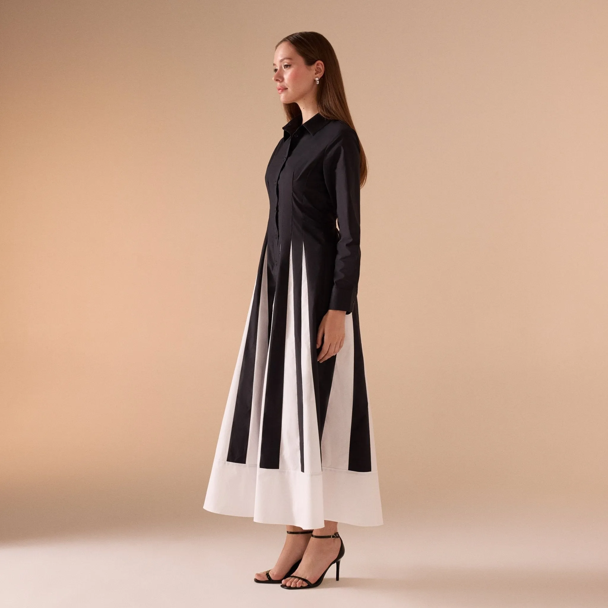 Black & White Long Sleeve A-line Maxi Dress