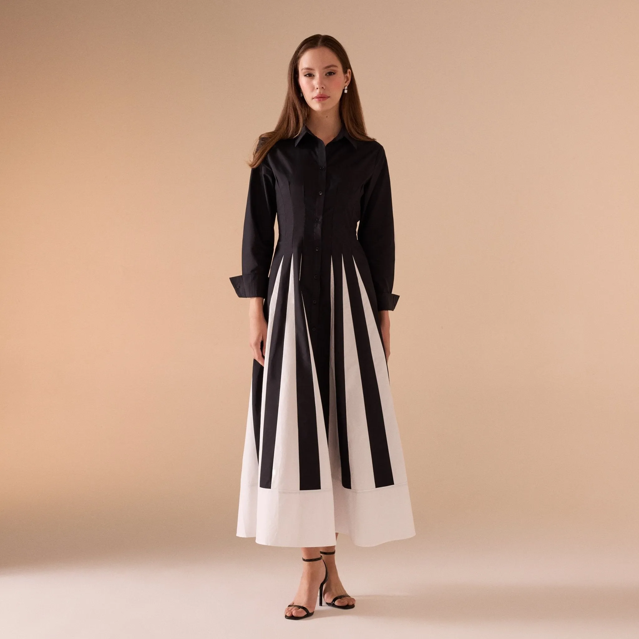 Black & White Long Sleeve A-line Maxi Dress