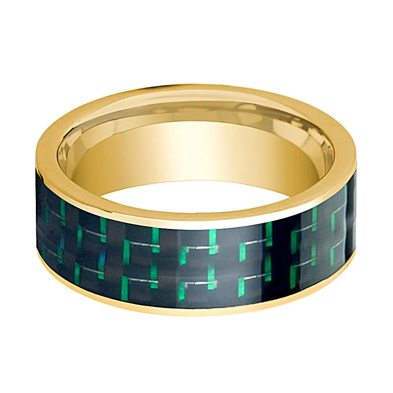 Black and Greene Carbon Fiber Inlaid Flat 14k Yellow Gold Men's Wedding Band Polished - 8MM