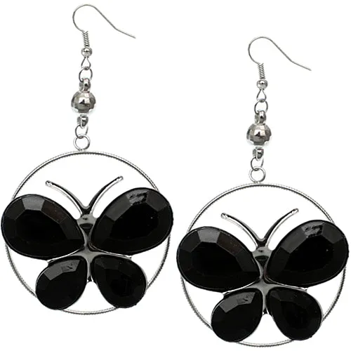 Black Faceted Hoop Butterfly Drop Earrings