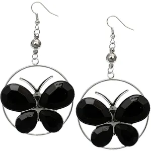 Black Faceted Hoop Butterfly Drop Earrings