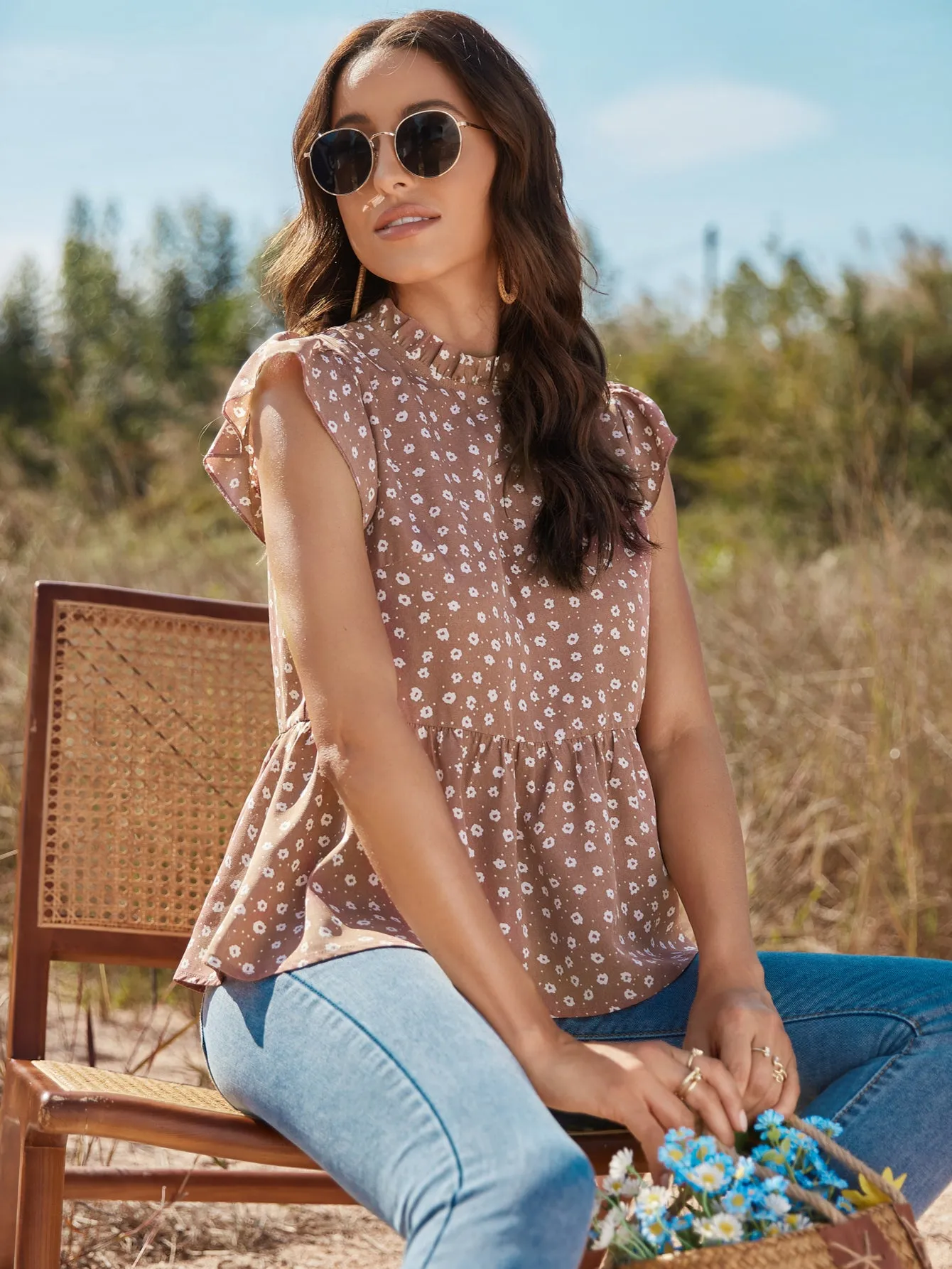 Black Floral Print Crop Top With Baloon Sleeves