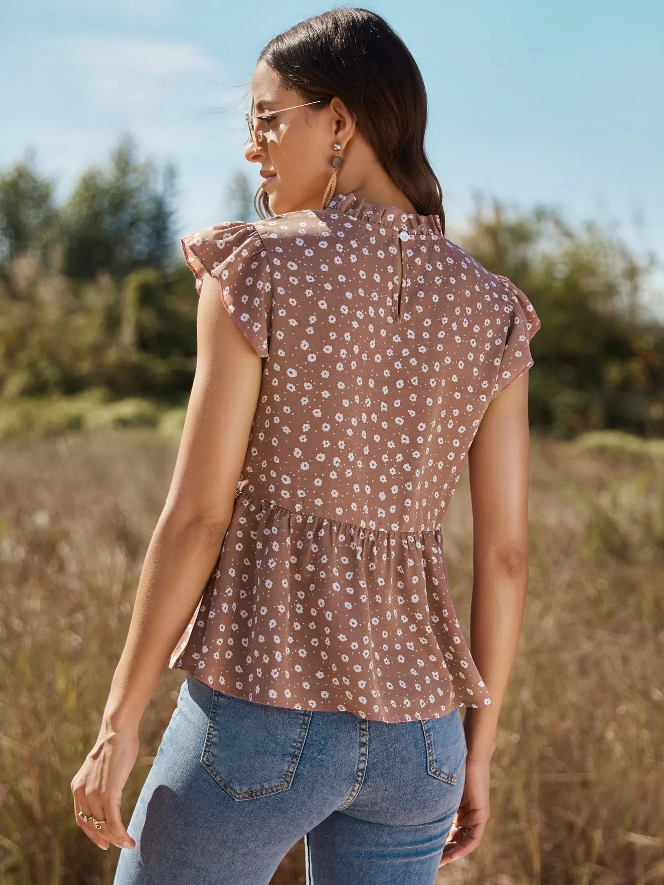 Black Floral Print Crop Top With Baloon Sleeves