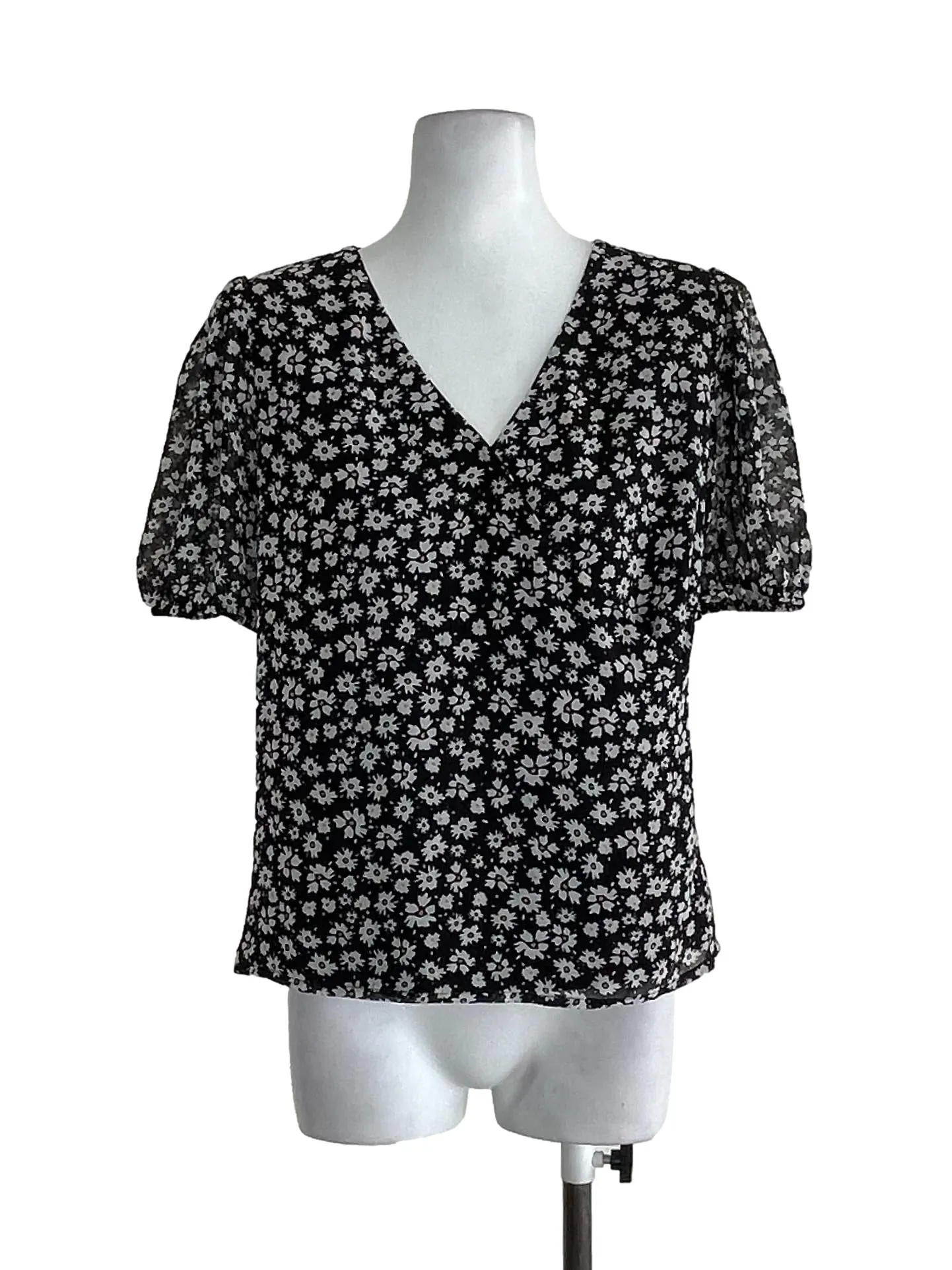 Black Floral Puff Sleeves Chiffon Blouse