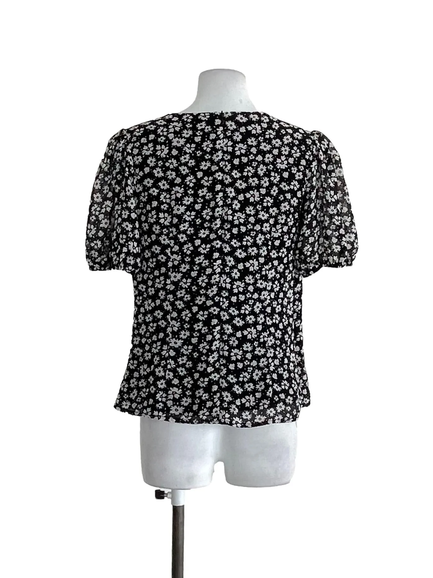 Black Floral Puff Sleeves Chiffon Blouse