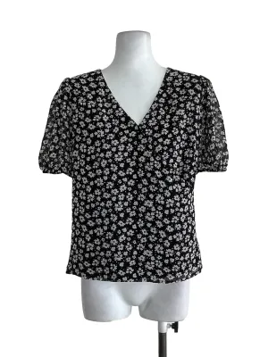 Black Floral Puff Sleeves Chiffon Blouse