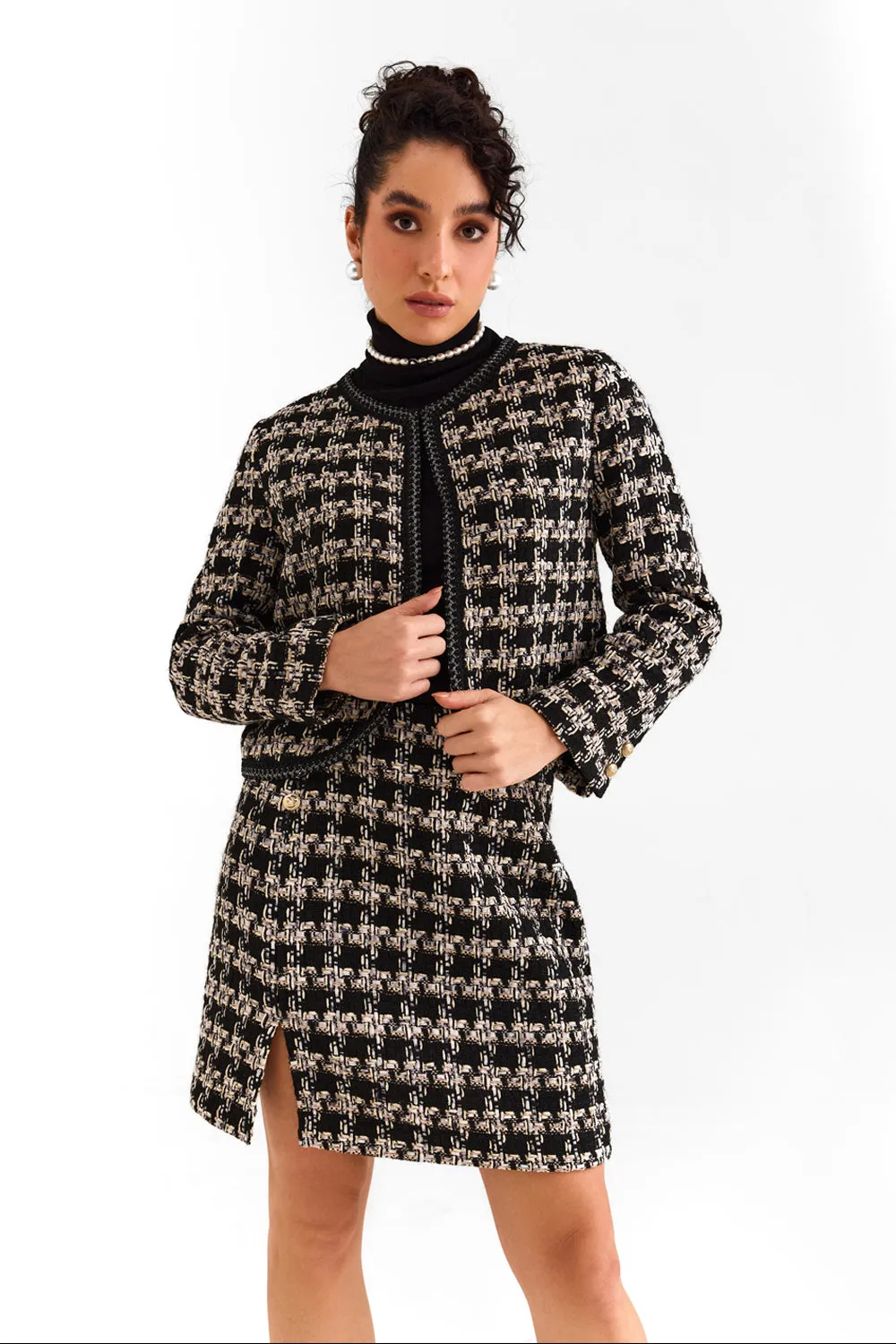 Black Houndstooth Boucle Jacket & Skirt
