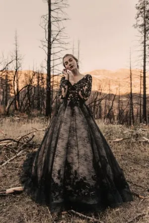 black lace applique wedding dresses ball gown long sleeve v neck vintage wedding gown boho