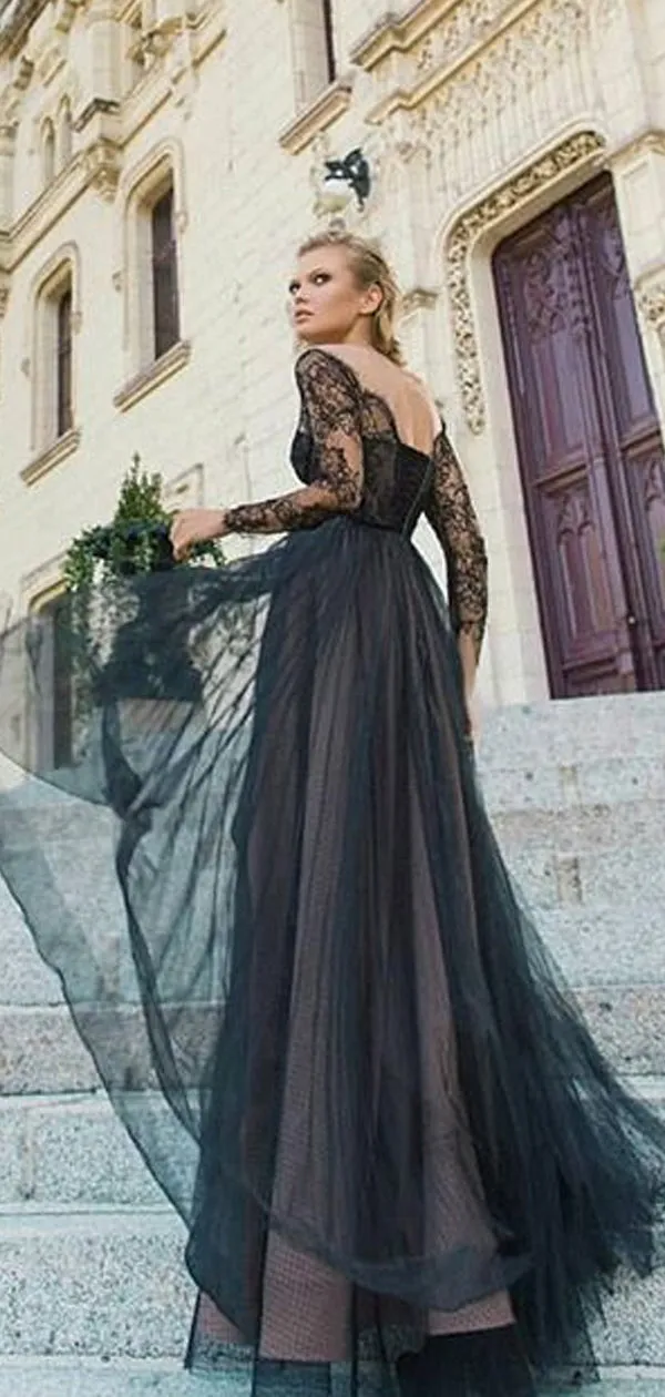 Black Lace Long Sleeve Off Shoulder Lace Up Back Prom Dresses.PD00230