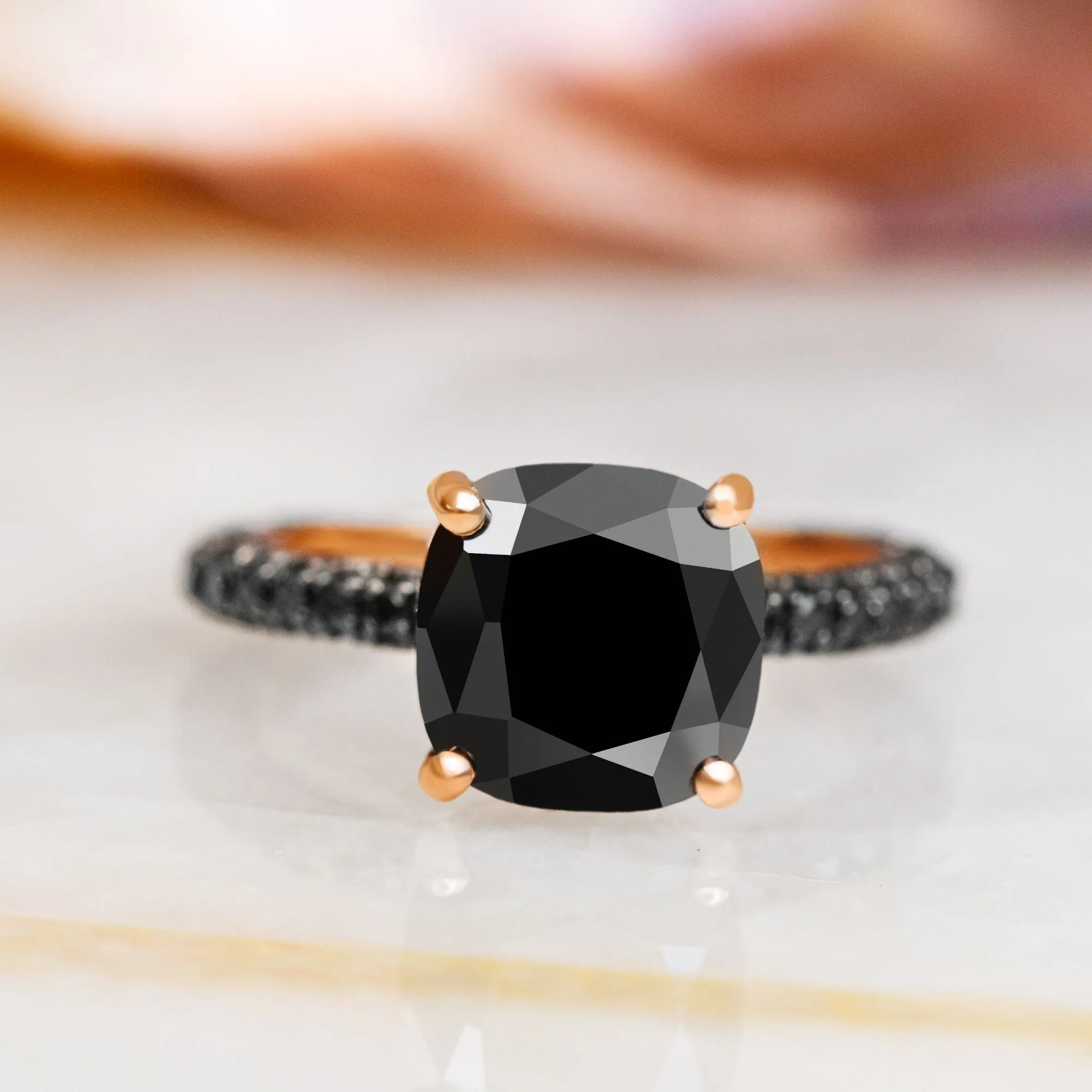 Black Magic - 6.44 Carats Three-Sided Band Natural Black Diamond Cushion Engagement Ring