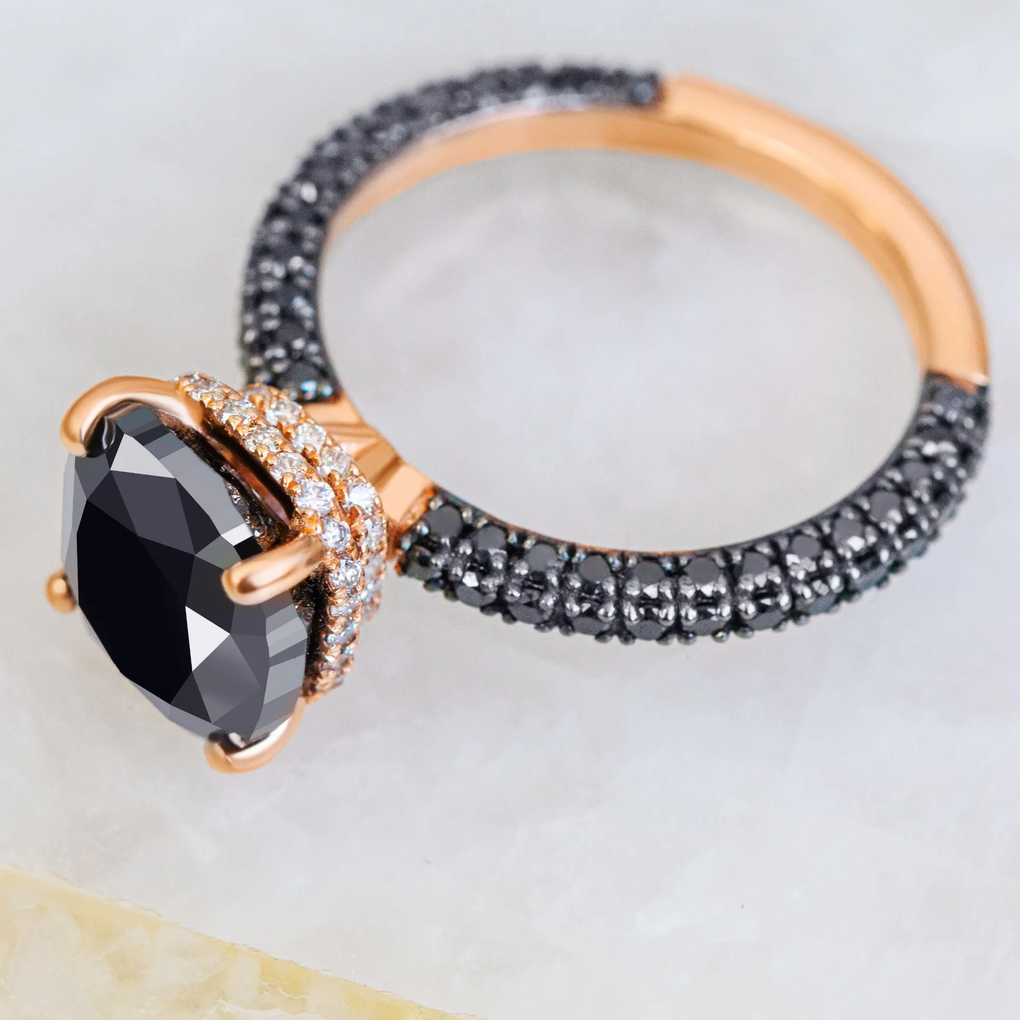 Black Magic - 6.44 Carats Three-Sided Band Natural Black Diamond Cushion Engagement Ring