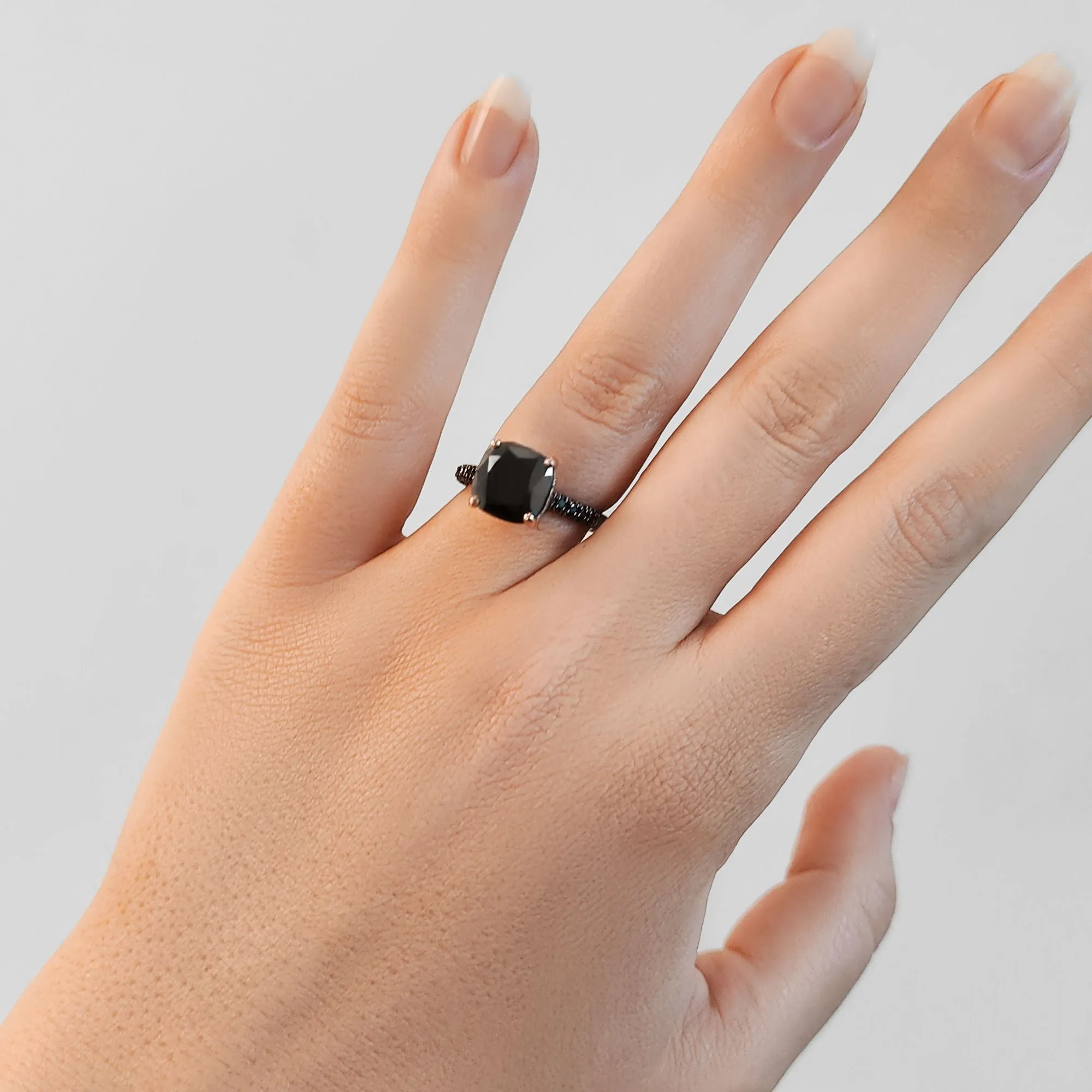 Black Magic - 6.44 Carats Three-Sided Band Natural Black Diamond Cushion Engagement Ring