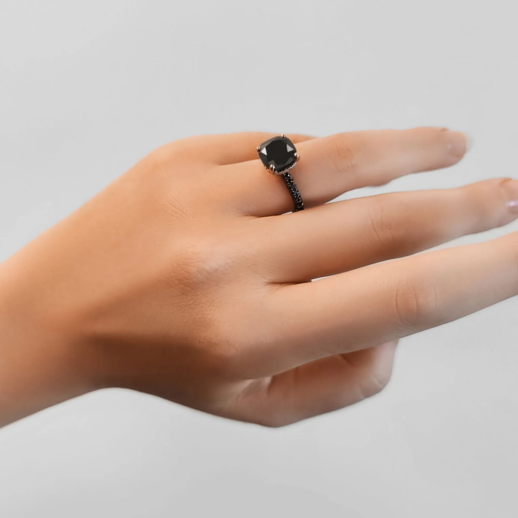 Black Magic - 6.44 Carats Three-Sided Band Natural Black Diamond Cushion Engagement Ring