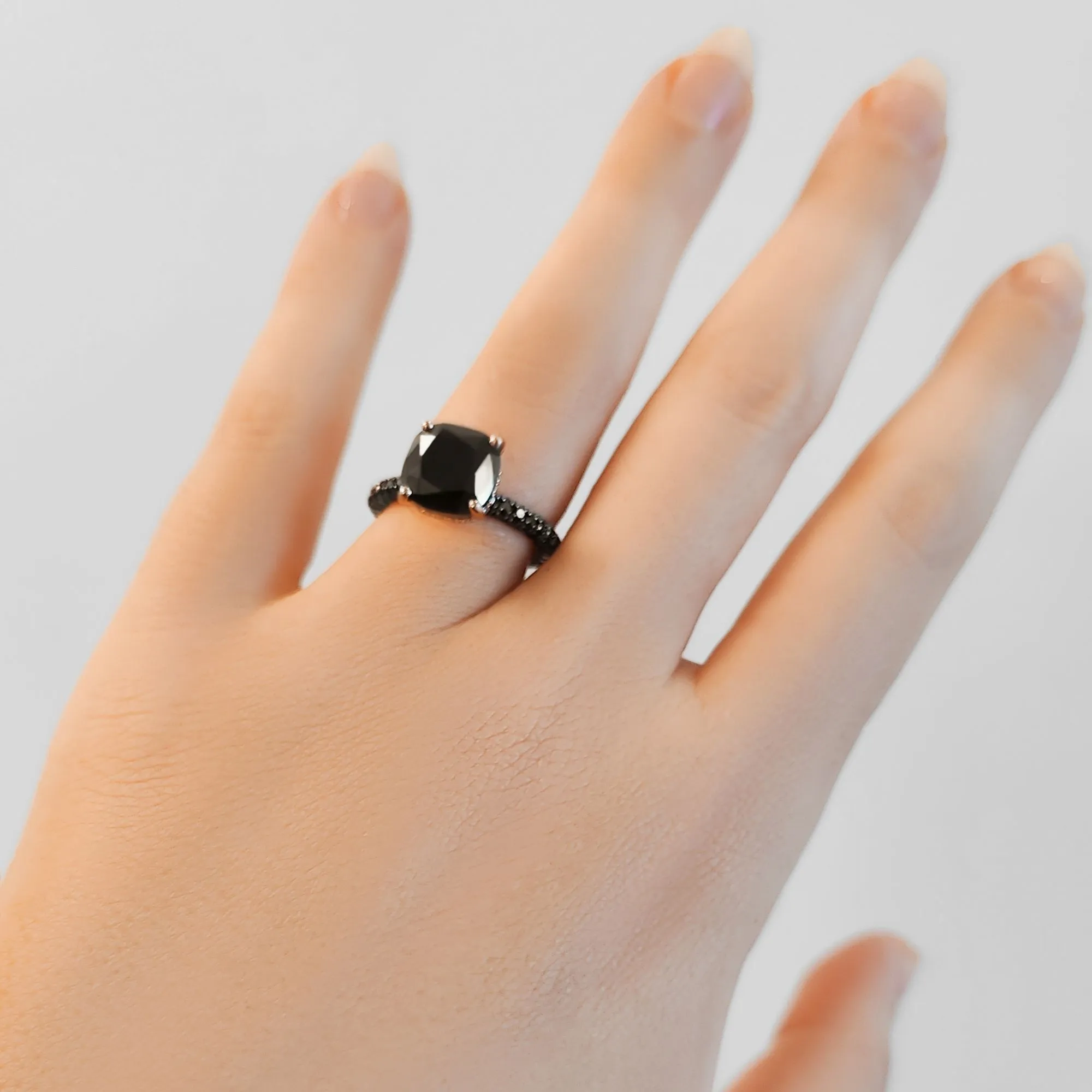 Black Magic - 6.44 Carats Three-Sided Band Natural Black Diamond Cushion Engagement Ring