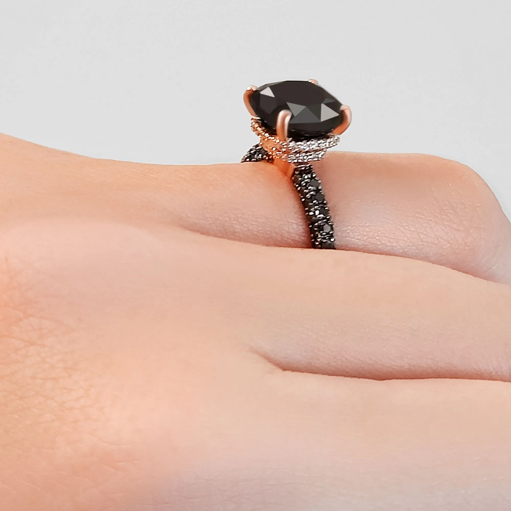 Black Magic - 6.44 Carats Three-Sided Band Natural Black Diamond Cushion Engagement Ring