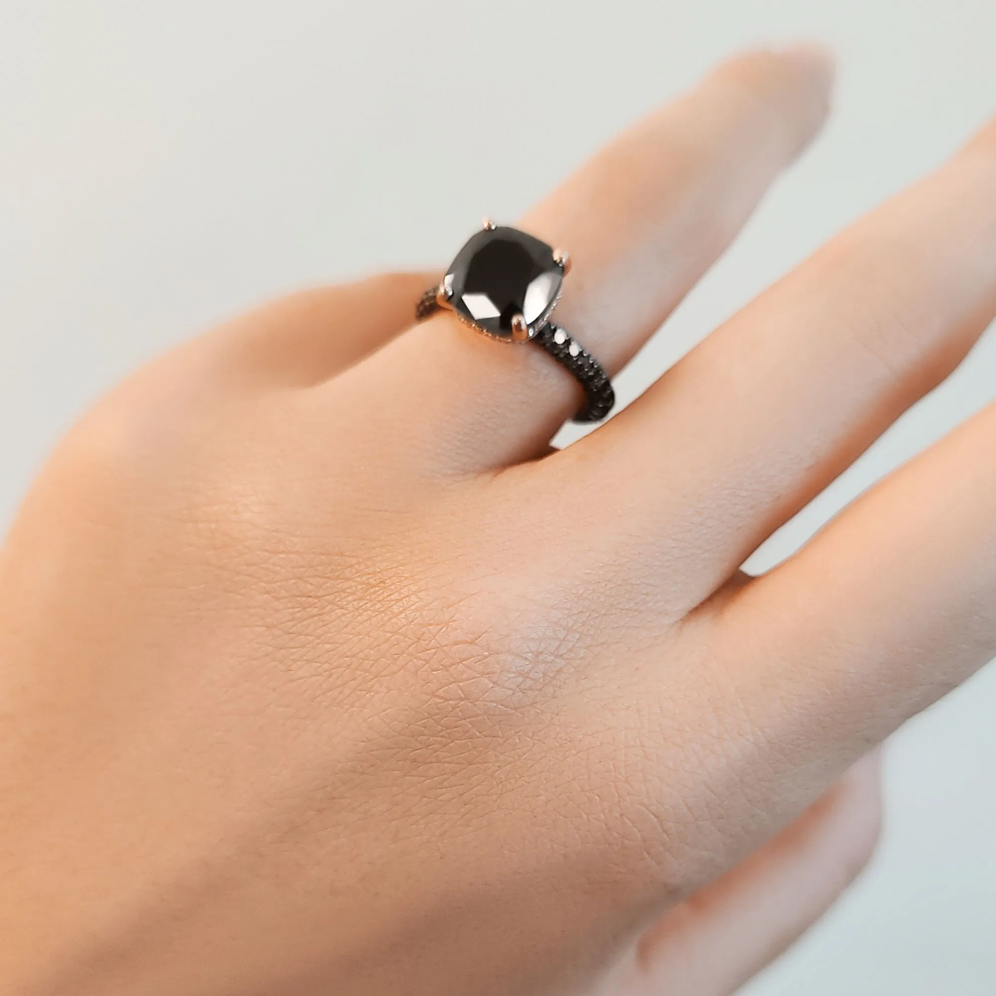 Black Magic - 6.44 Carats Three-Sided Band Natural Black Diamond Cushion Engagement Ring