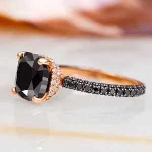 Black Magic - 6.44 Carats Three-Sided Band Natural Black Diamond Cushion Engagement Ring