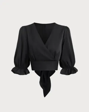 Black Poet Sleeve V-Neck Cropped Blouse