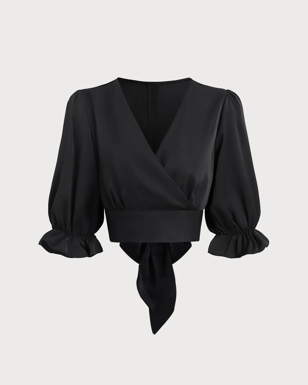 Black Poet Sleeve V-Neck Cropped Blouse