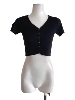 Black Ribbed Button Up Top