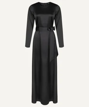 Black Satin A-Line Long Sleeve Maxi Abaya Dress