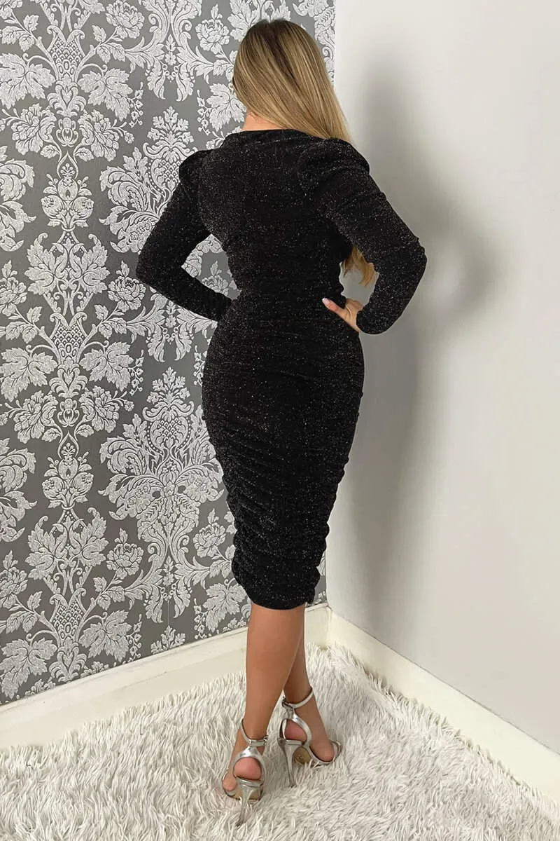 Black Shimmer Long Sleeve Wrap Top Ruched Midi Bodycon Dress
